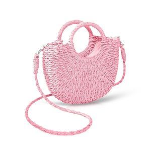 Mini Semi-Circle Rattan Straw Bag, Hand-Woven Summer Retro Beach Tote T_T